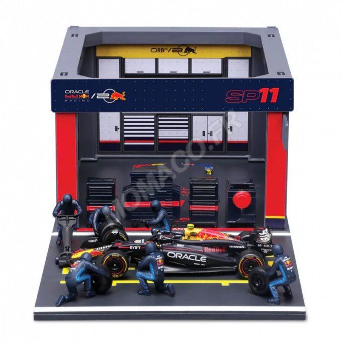 SET PIT STOP : FIGURINES MECANICIENS AVEC STAND ET ACCESSOIRES RED BULL PEREZ